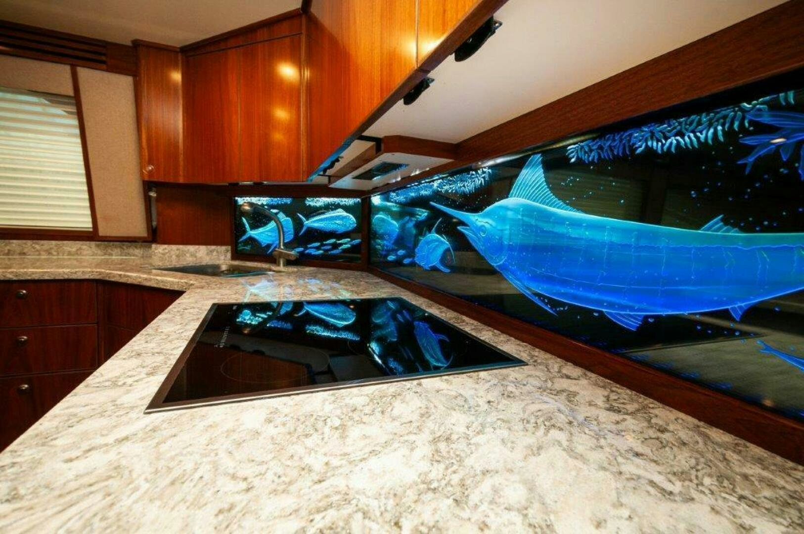 a large blue and white object on a counter aboard GUNNSLINGER Yacht for Sale