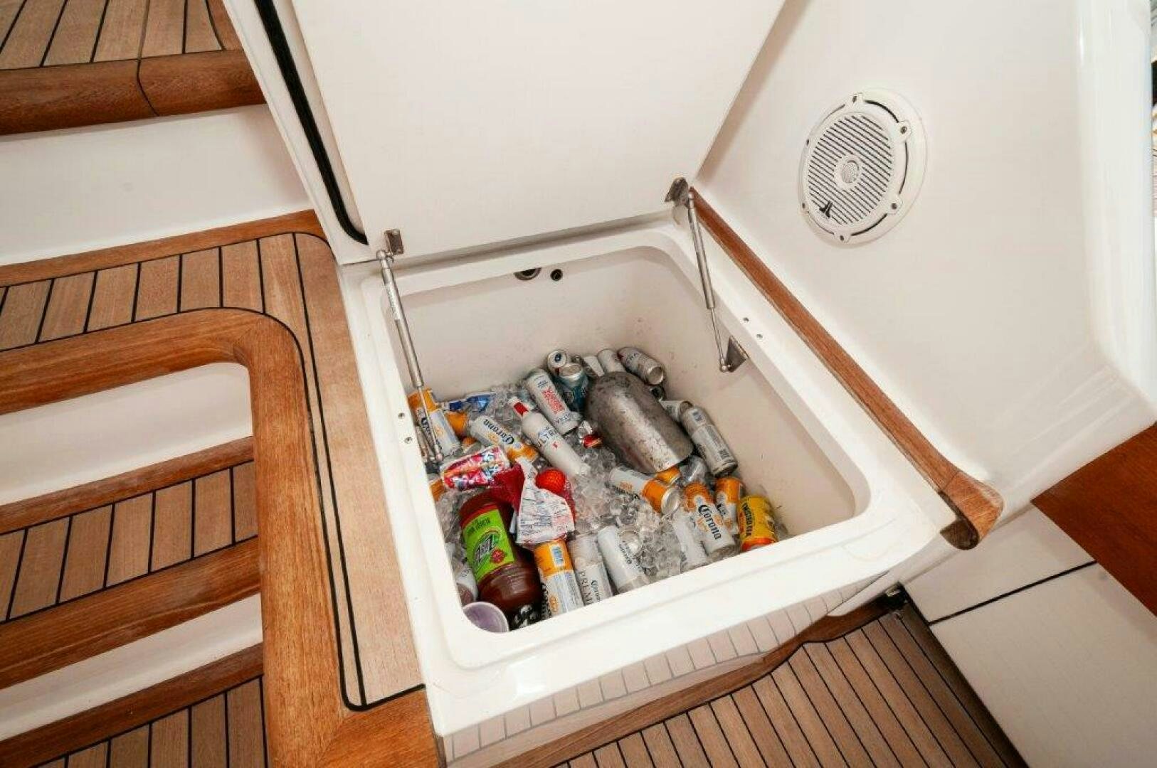 a small refrigerator with food in it aboard GUNNSLINGER Yacht for Sale