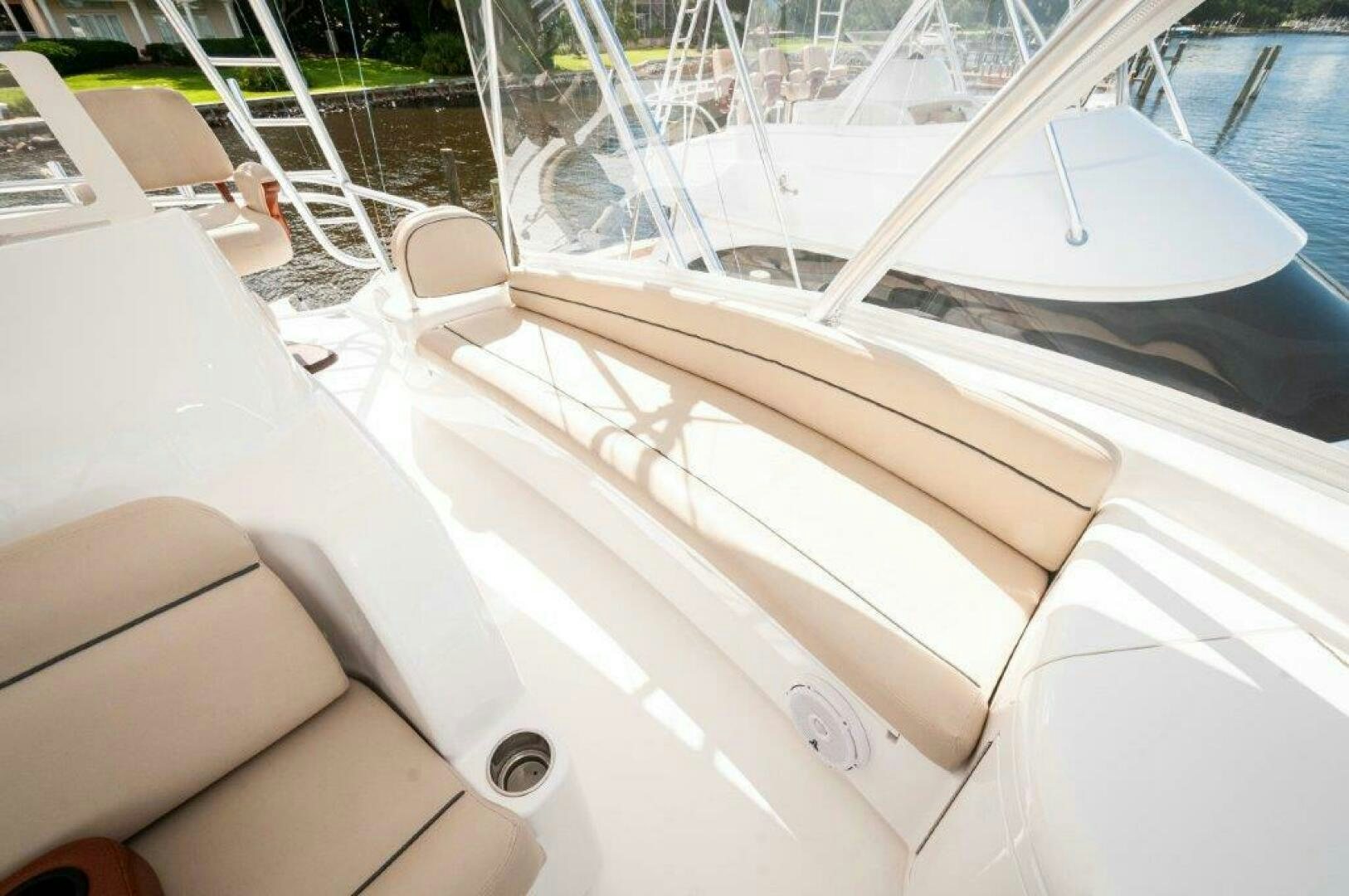 the front of a white boat aboard GUNNSLINGER Yacht for Sale