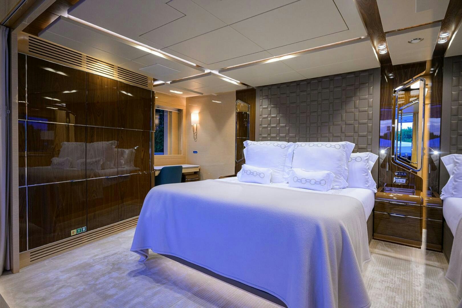 a bed in a room aboard UPTIGHT Yacht for Sale