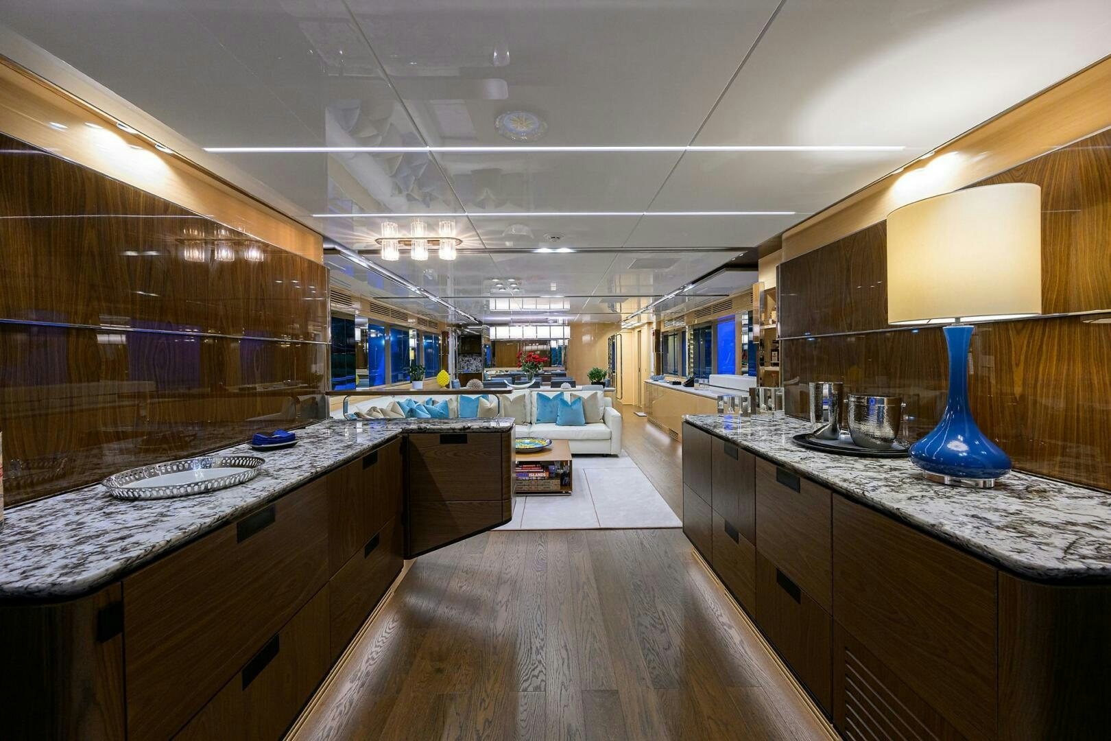 a large kitchen with a large island aboard UPTIGHT Yacht for Sale