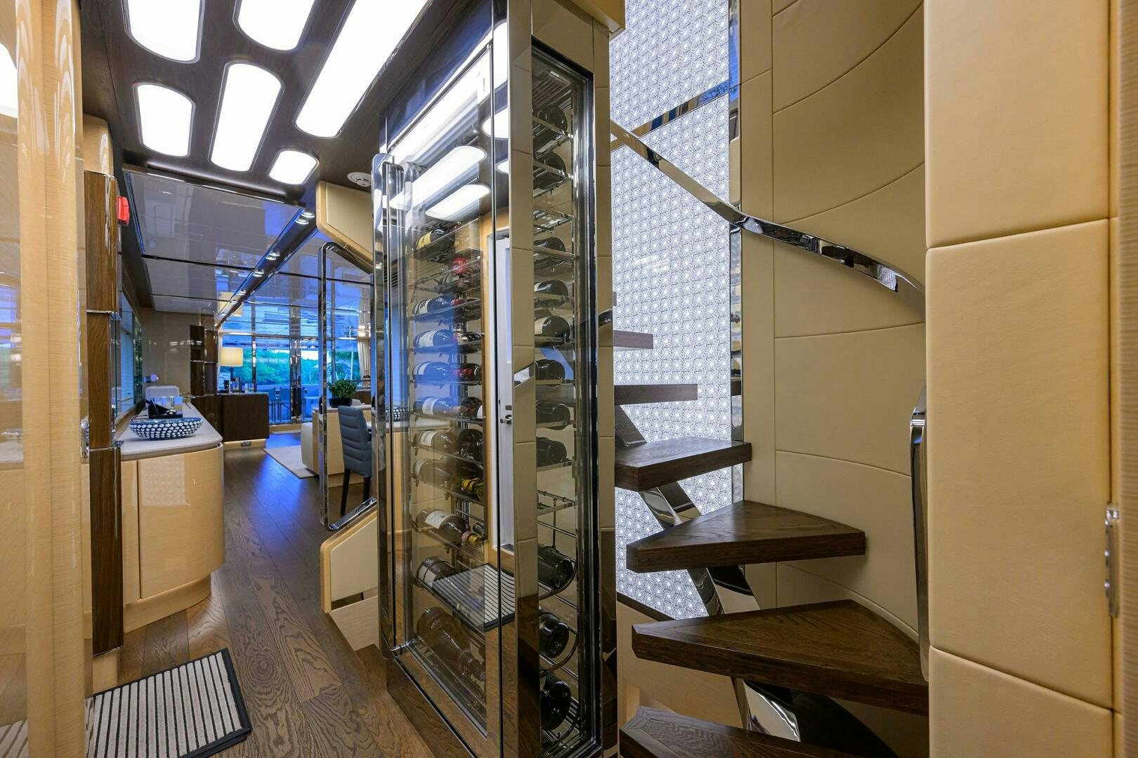 a room with a large glass wall aboard UPTIGHT Yacht for Sale