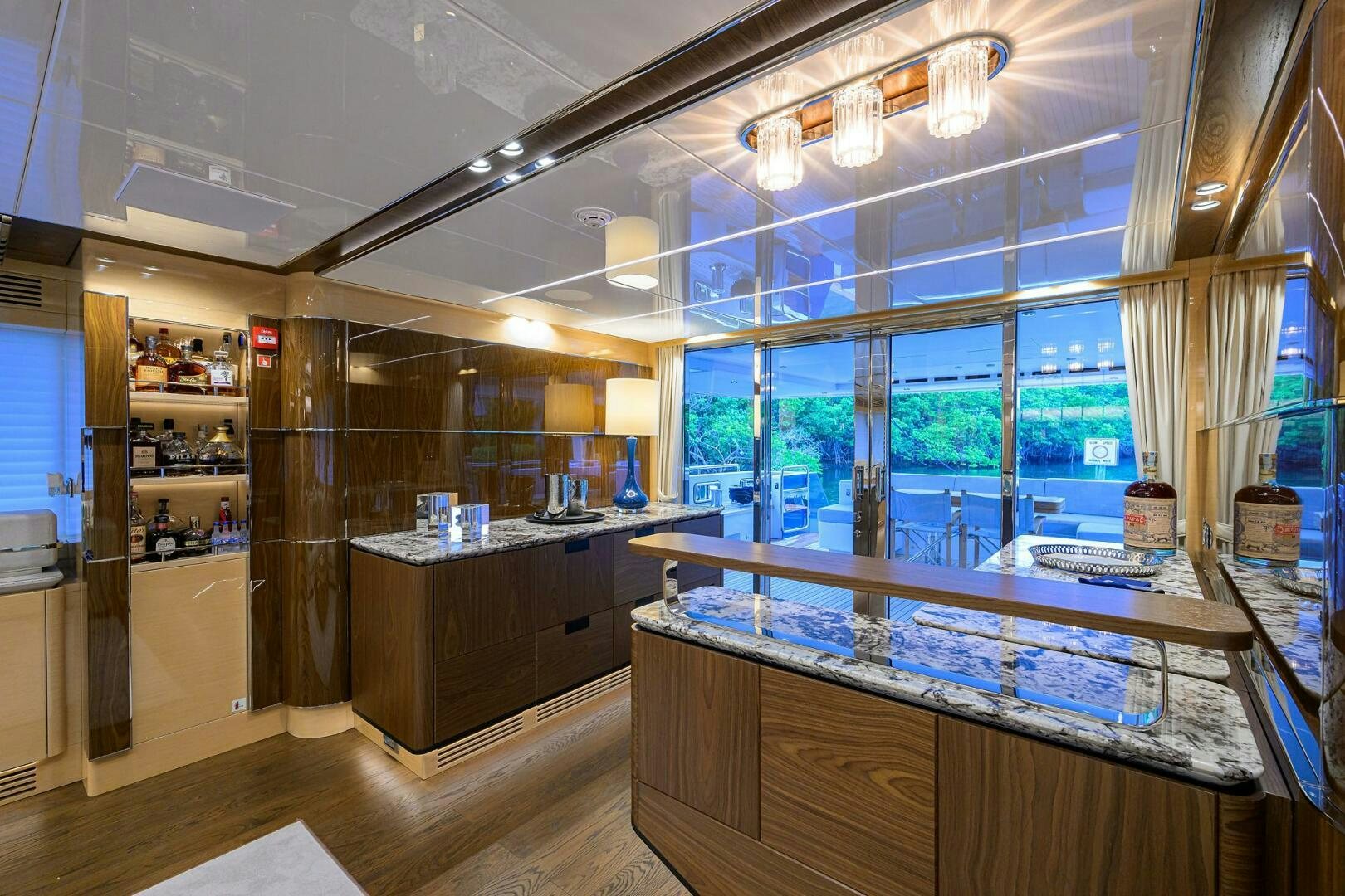 a kitchen with a large island aboard UPTIGHT Yacht for Sale