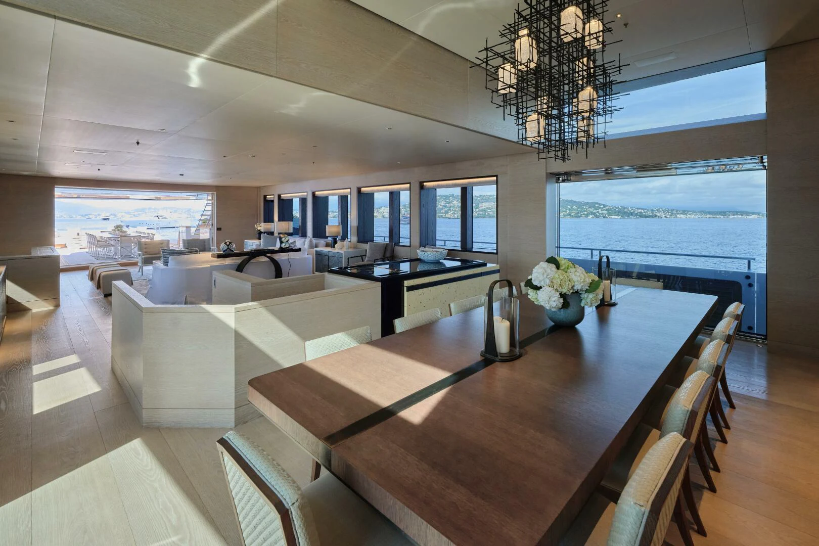 a large kitchen and dining room aboard SANAM Yacht for Sale