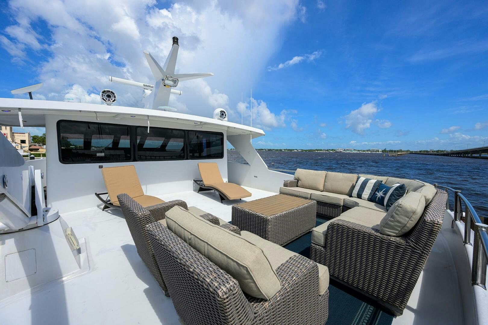 a boat with a large white helicopter on the deck aboard BUSINESS TRIP 2 Yacht for Sale