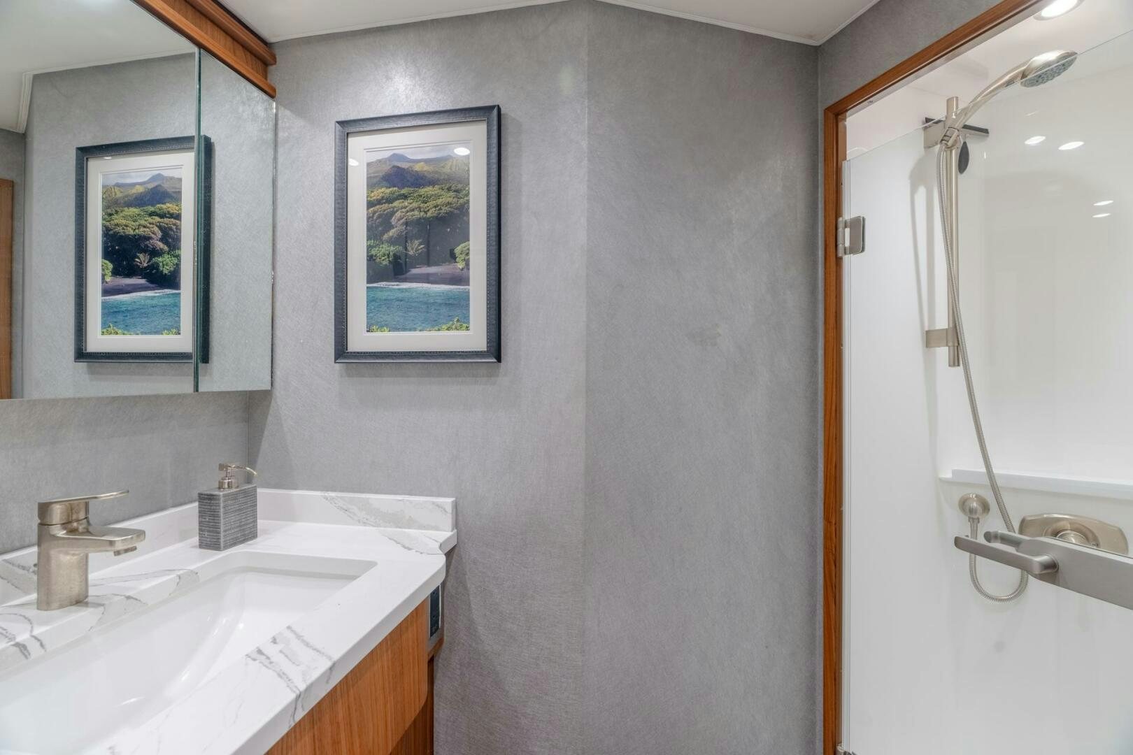 a bathroom with a shower curtain aboard REEL CENTS Yacht for Sale