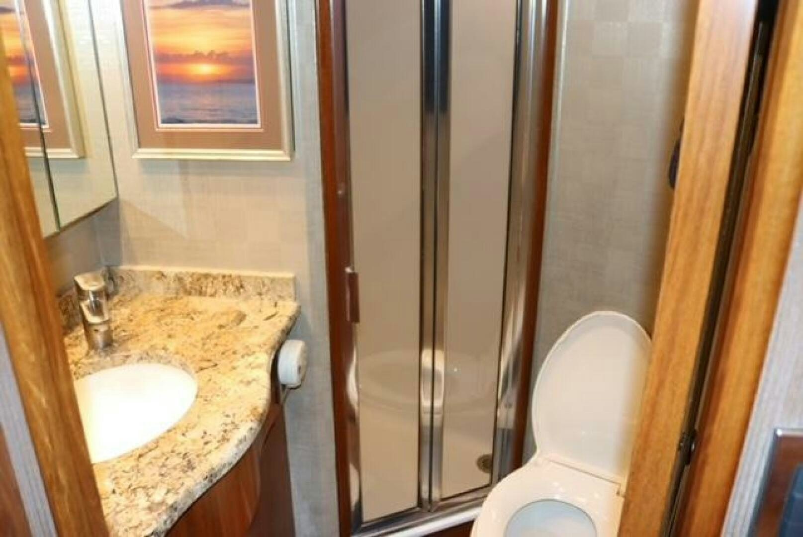 a bathroom with a sink and a shower aboard BANDITO Yacht for Sale
