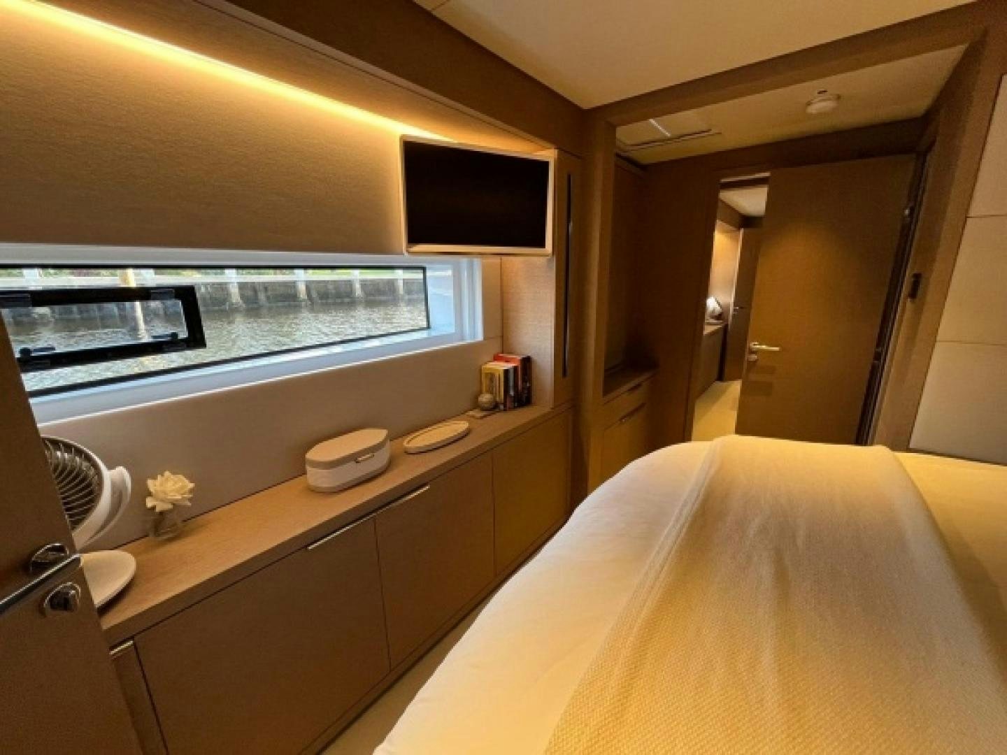 a bathroom with a large window aboard SUNLOVE Yacht for Sale