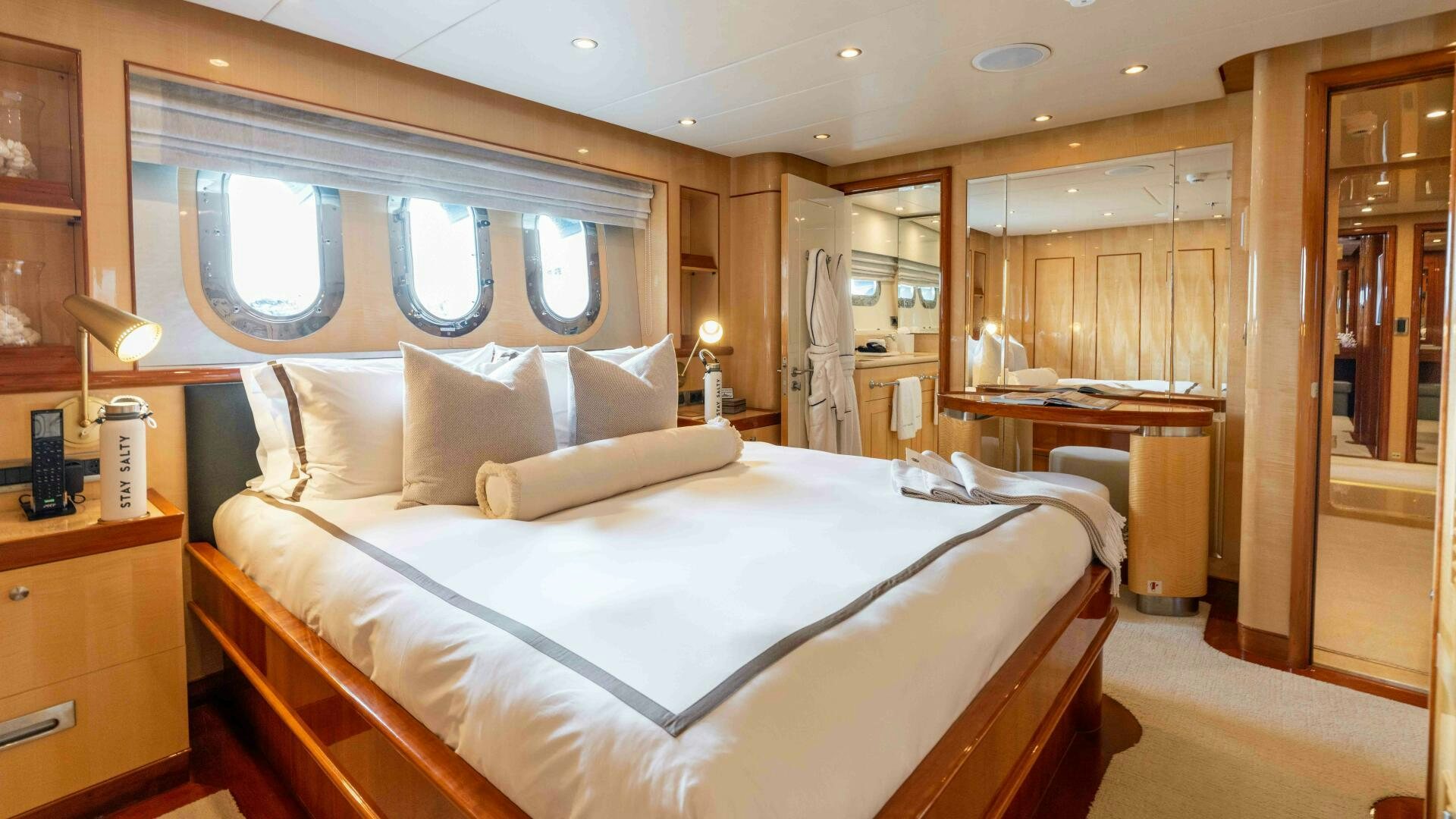 a large bed in a room aboard STAY SALTY Yacht for Sale