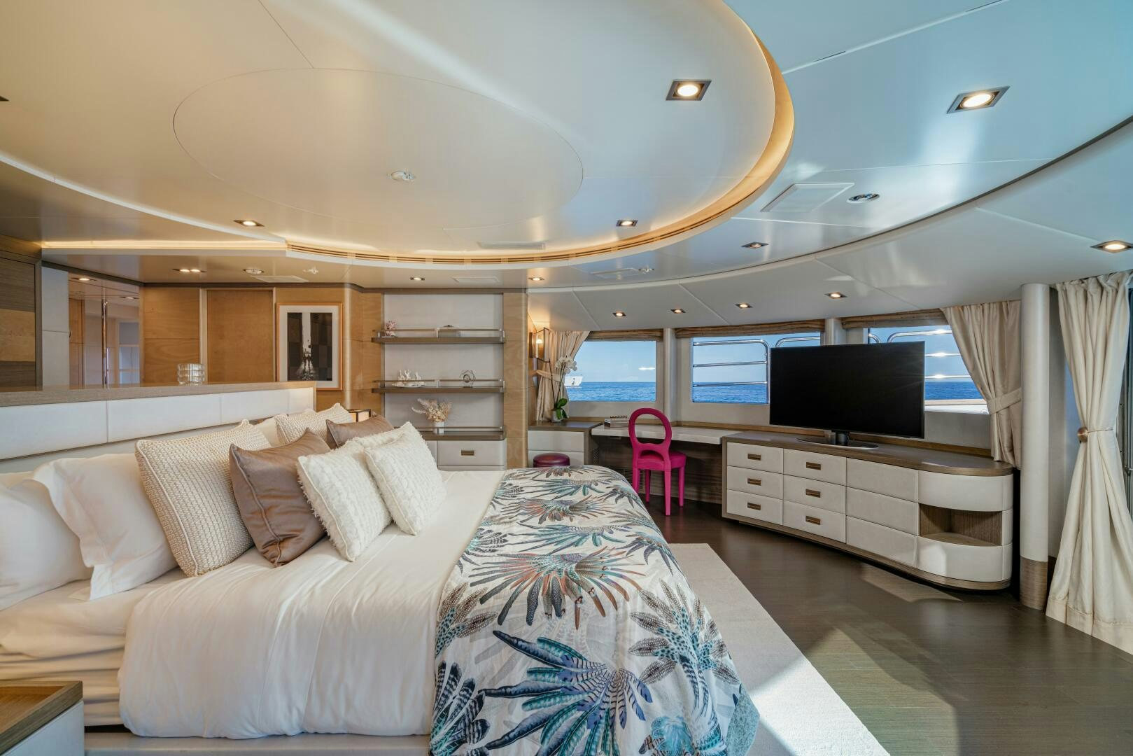 a large bedroom with a large bed aboard JUSTA DELIA Yacht for Sale