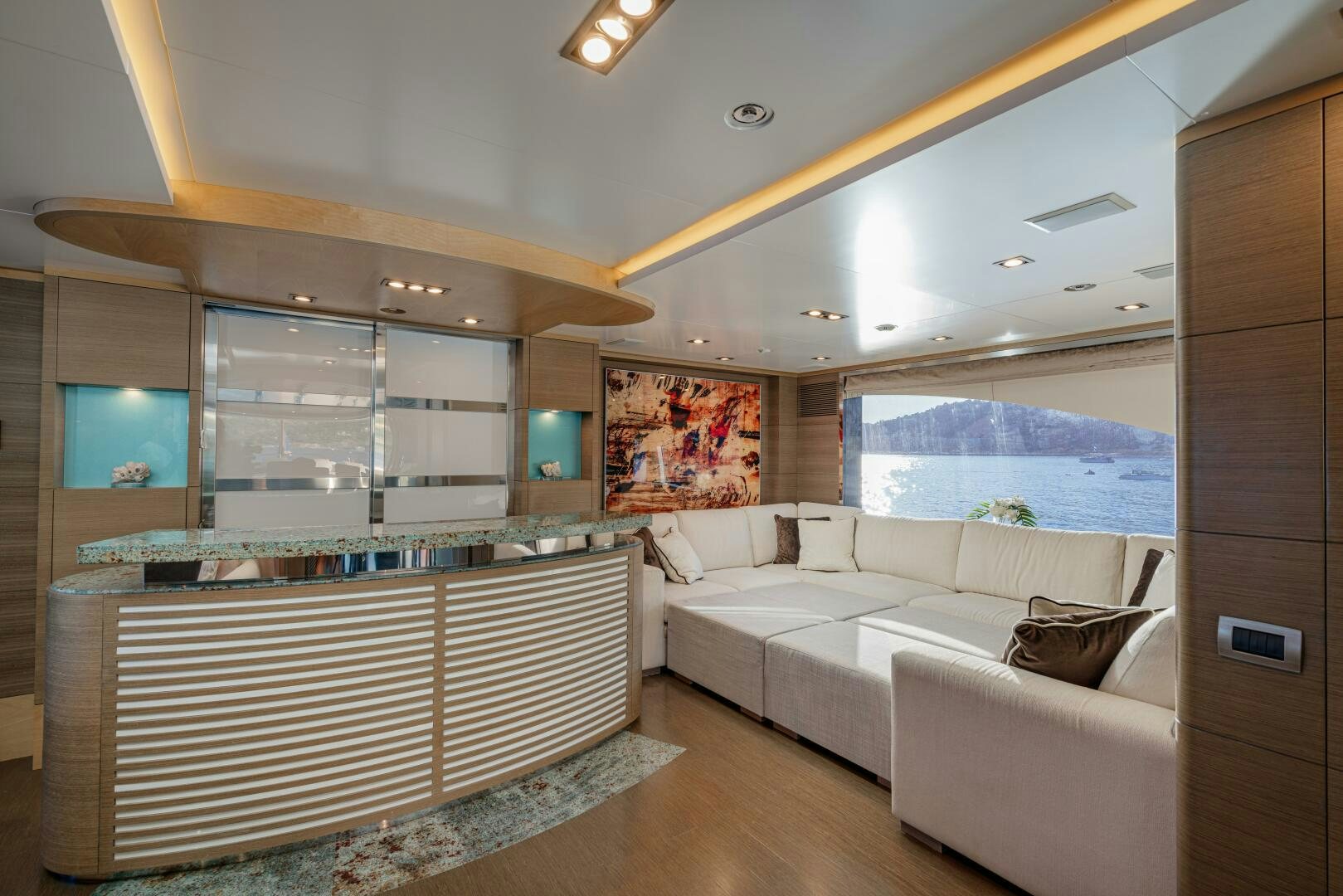 a modern looking living room aboard JUSTA DELIA Yacht for Sale