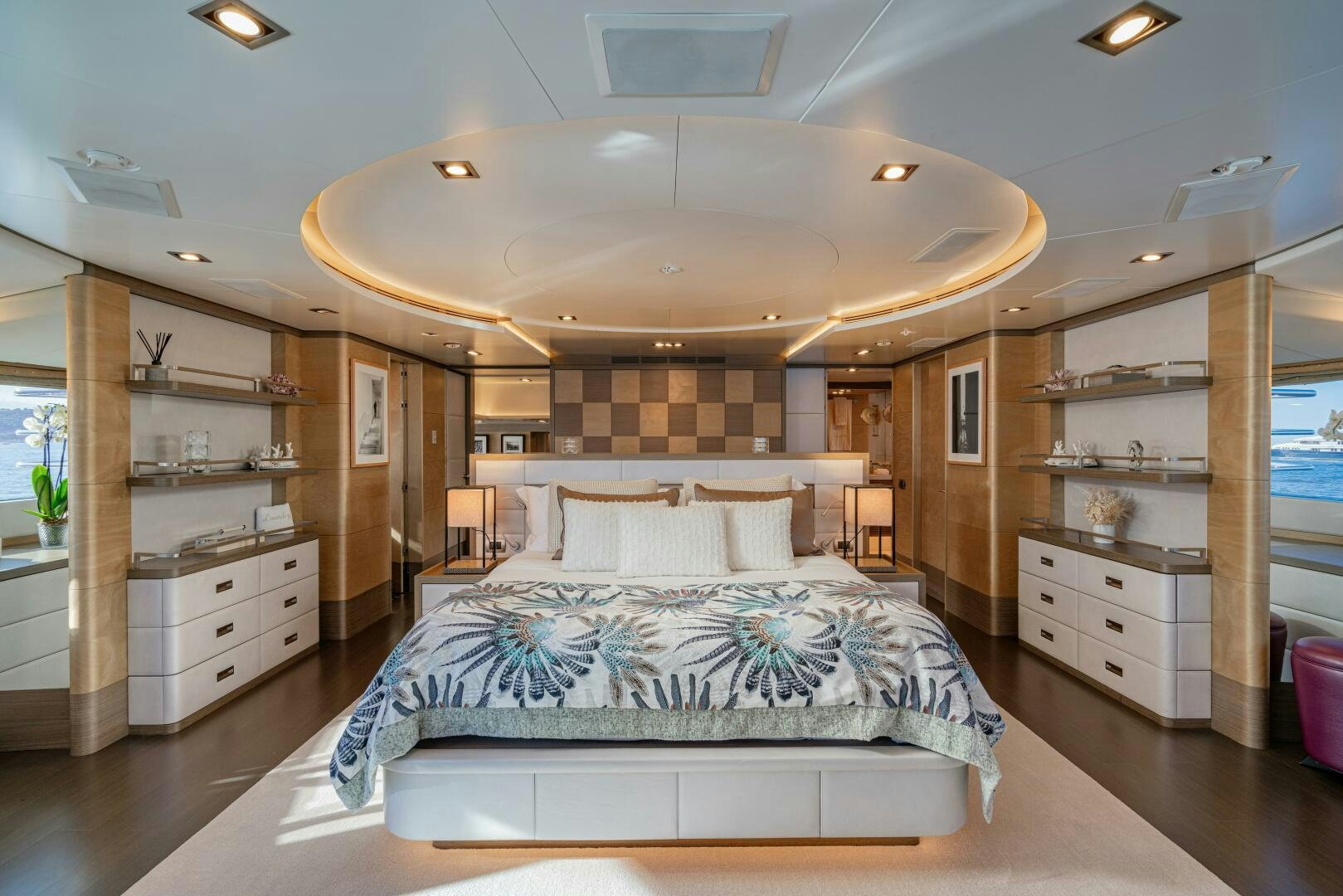 a bedroom with a large bed aboard JUSTA DELIA Yacht for Sale