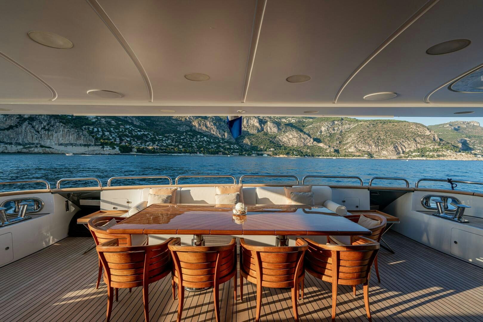 a table set for a meal on a boat aboard JUSTA DELIA Yacht for Sale