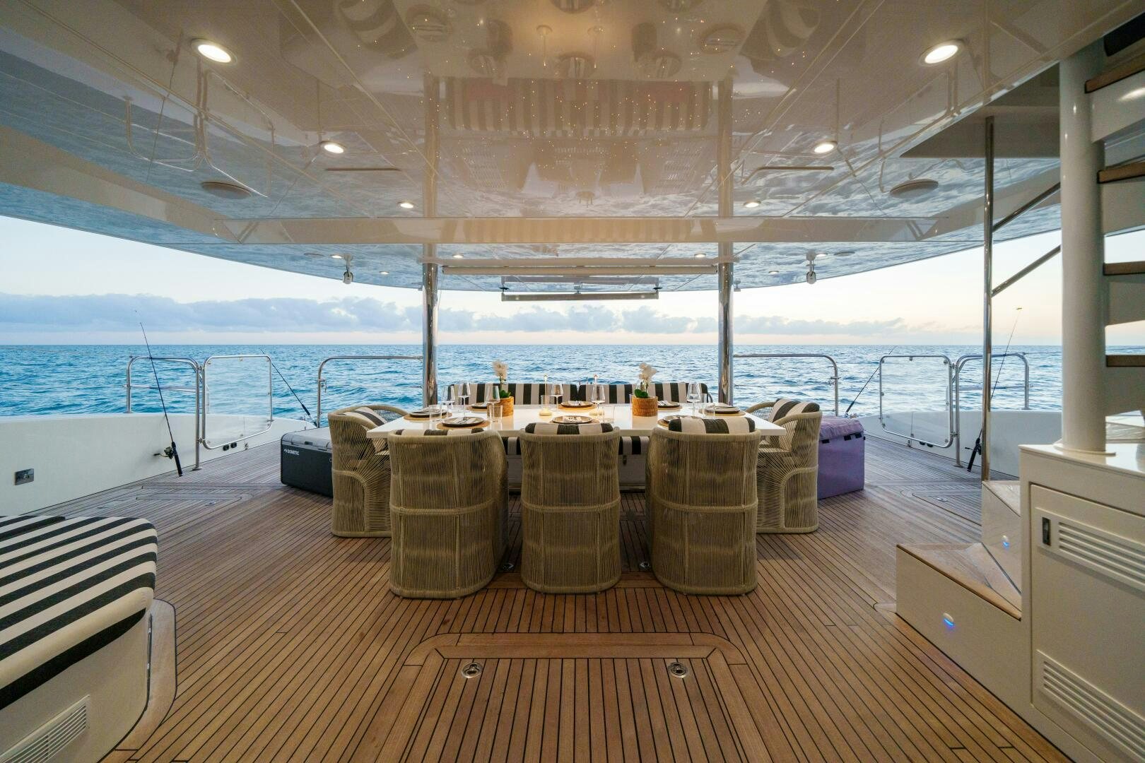 a table with bottles on it aboard ROYAL RITA Yacht for Sale