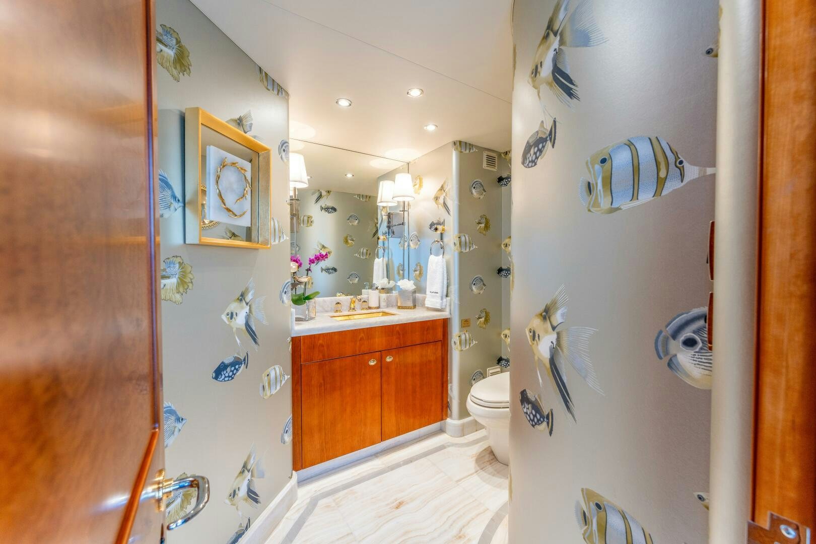 a bathroom with a sink and toilet aboard RELENTLESS Yacht for Sale