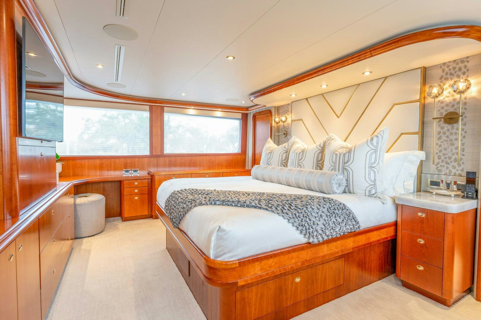a bedroom with two beds aboard RELENTLESS Yacht for Sale
