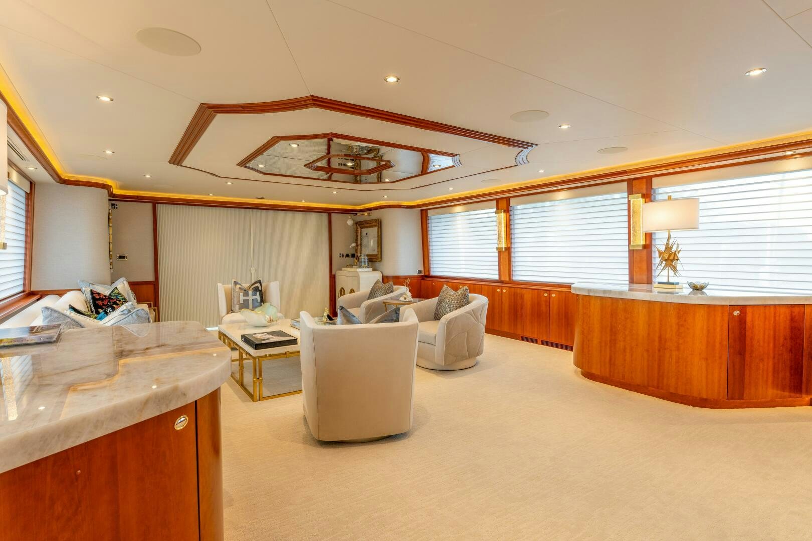 a living room with a large window aboard RELENTLESS Yacht for Sale