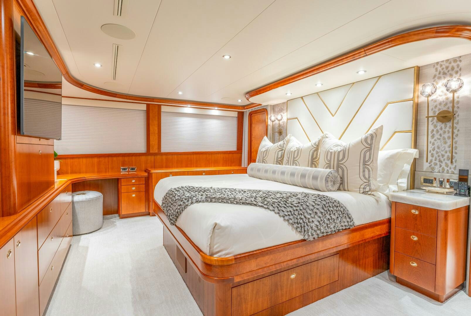 a room with two beds aboard RELENTLESS Yacht for Sale