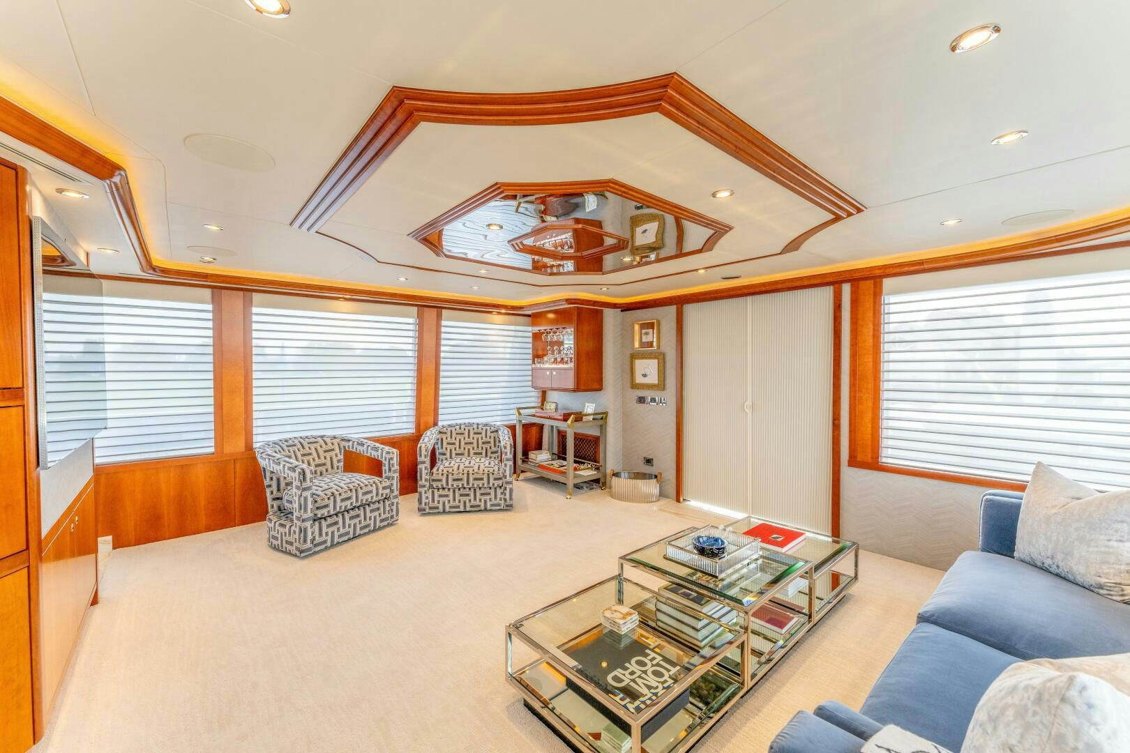 a living room with a large ceiling aboard RELENTLESS Yacht for Sale