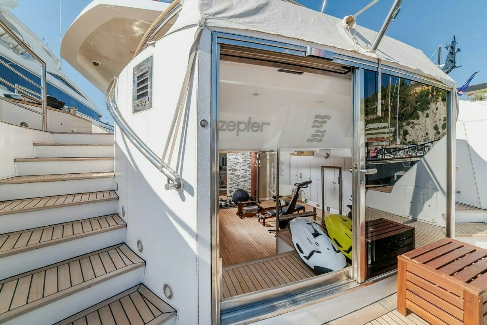 a boat with a staircase aboard JOY ME Yacht for Sale