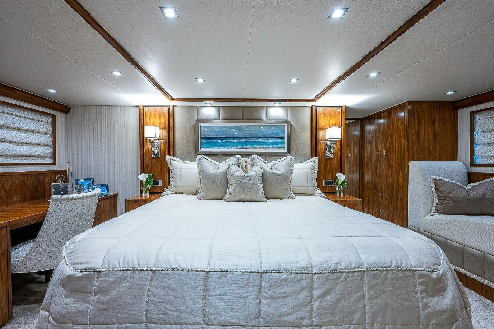 a large bed in a room aboard 75 TRADE Yacht for Sale