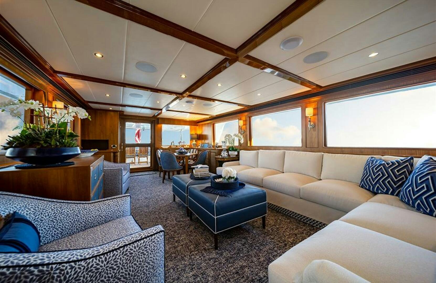 a living room with a large ceiling aboard JULIANNE Yacht for Sale