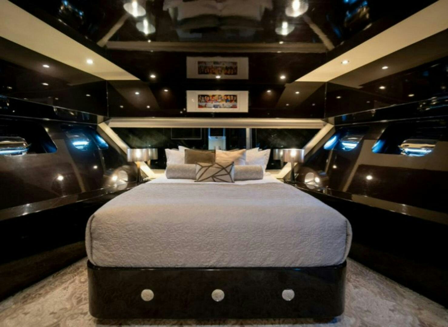 a bed in a room aboard CLAREMONT Yacht for Sale