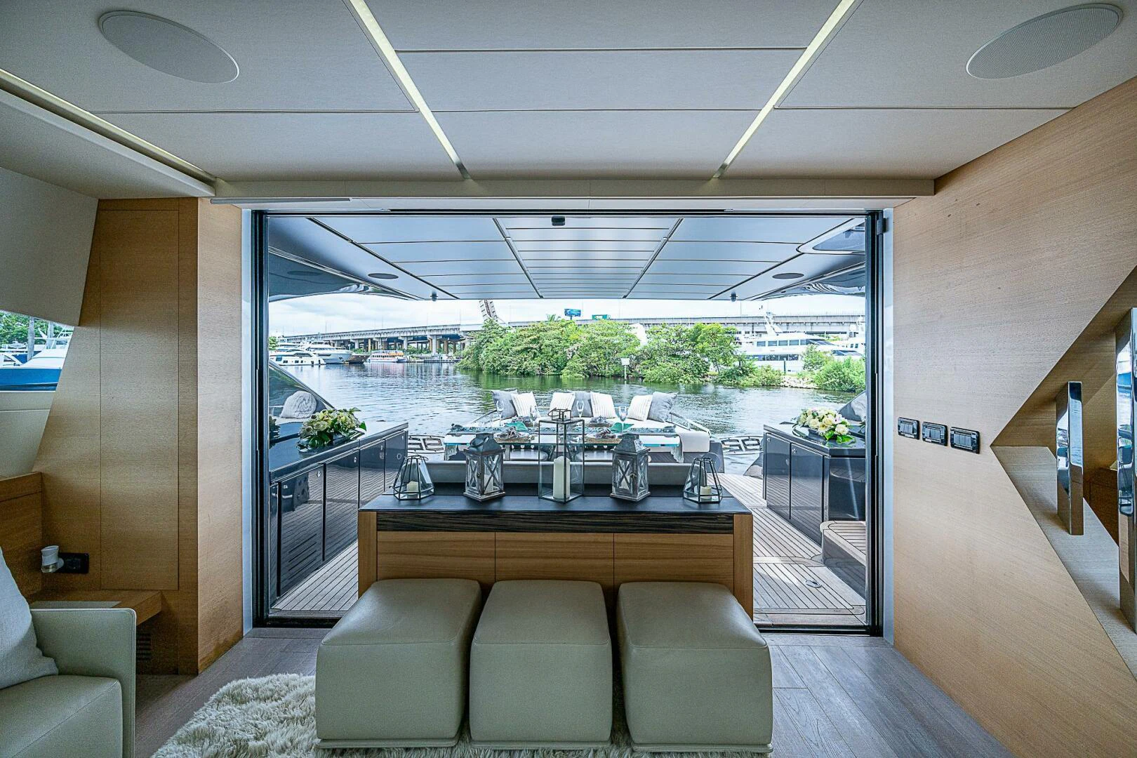 a modern looking kitchen with a glass wall aboard COAL BLOODED Yacht for Sale