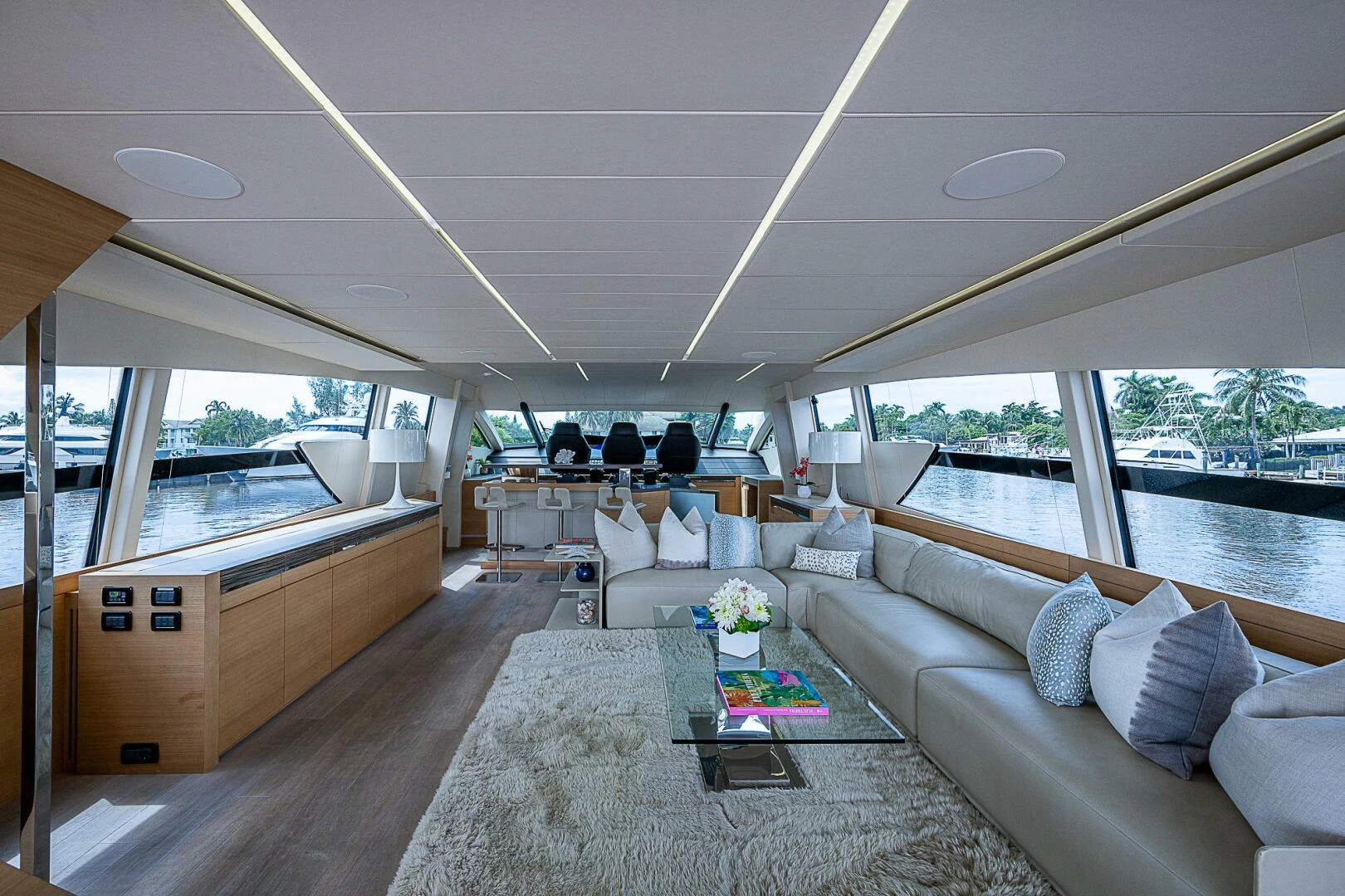 a living room with a large window aboard COAL BLOODED Yacht for Sale