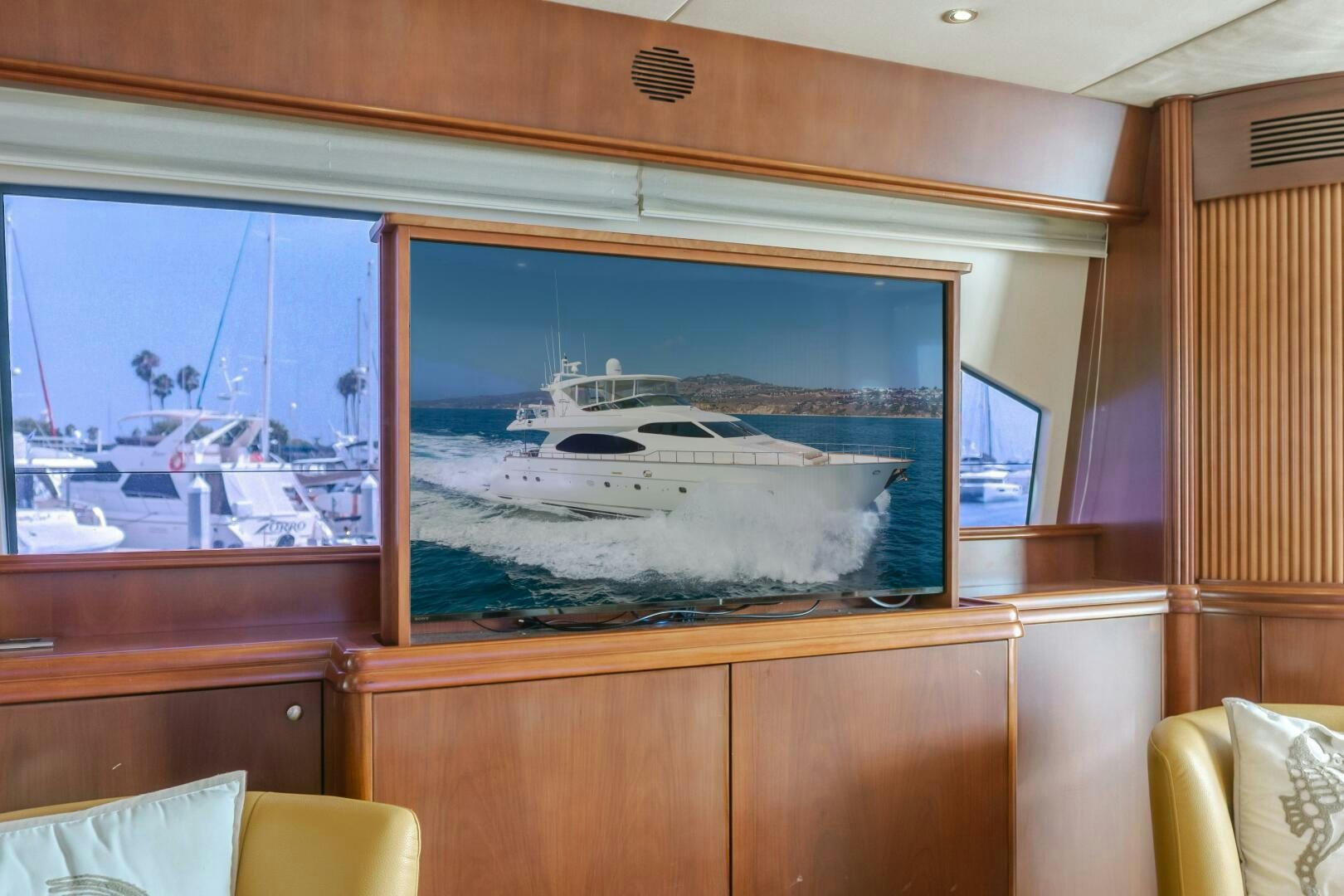 a boat on a window aboard ANEJO Yacht for Sale