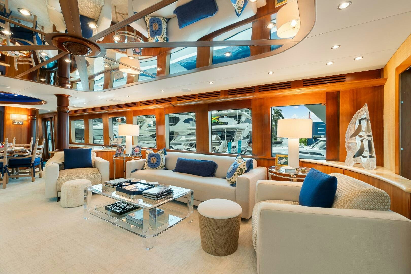 a living room with a large ceiling aboard INEVITABLE Yacht for Sale