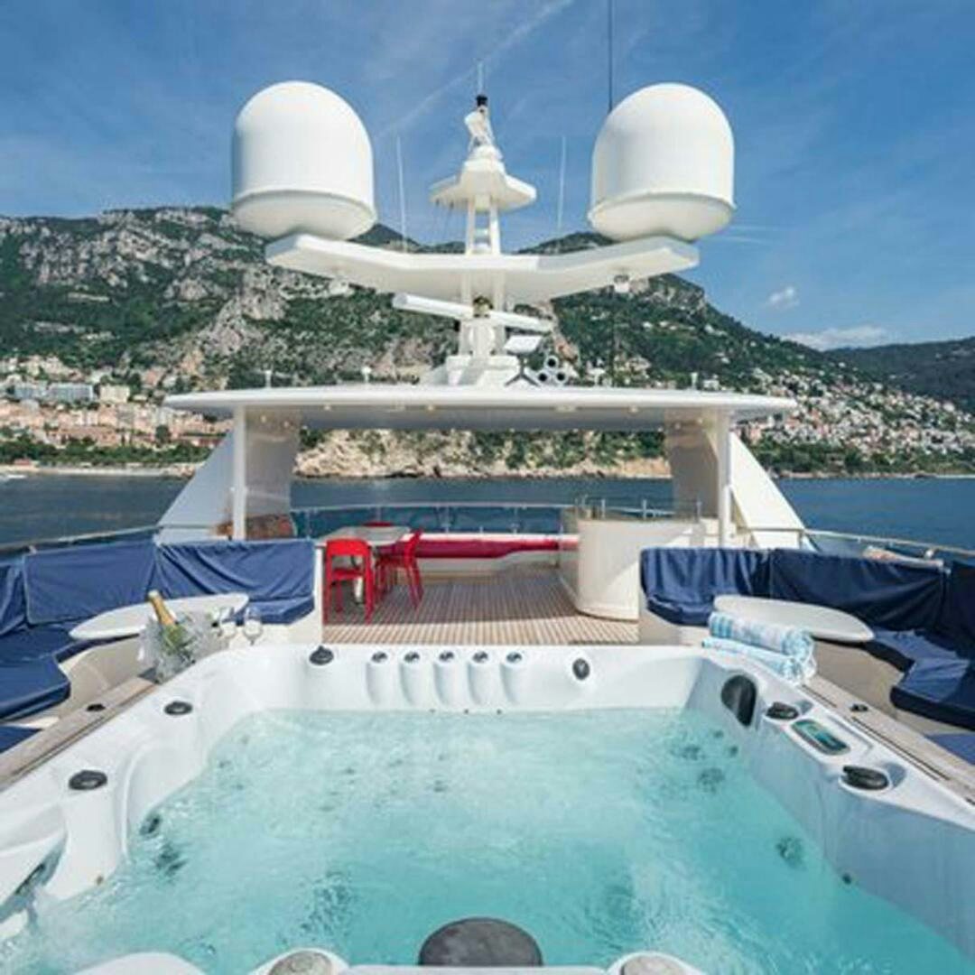 a boat with a satellite dish on it aboard IRAMA Yacht for Sale