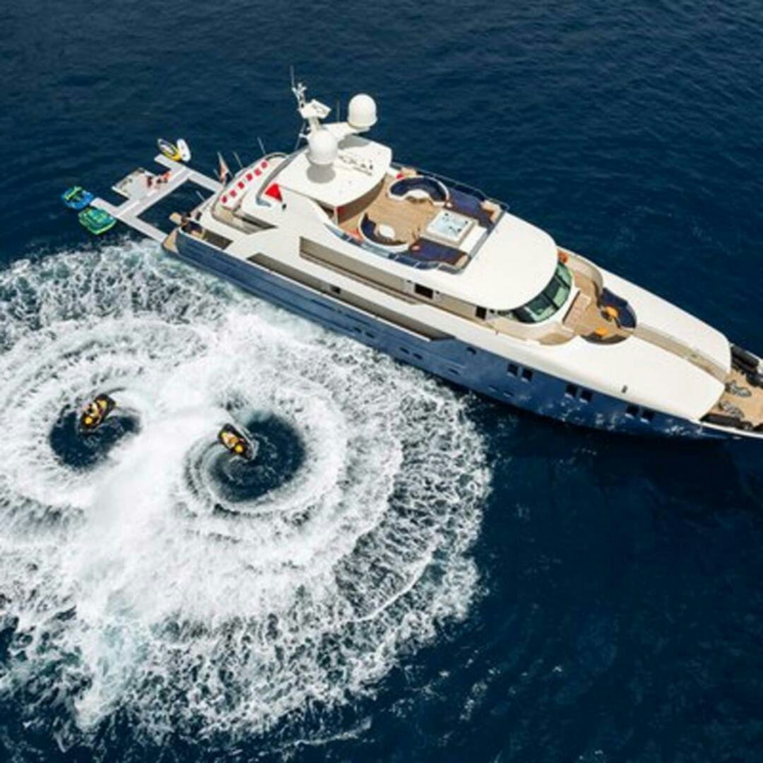 a boat with a white ship on it aboard IRAMA Yacht for Sale