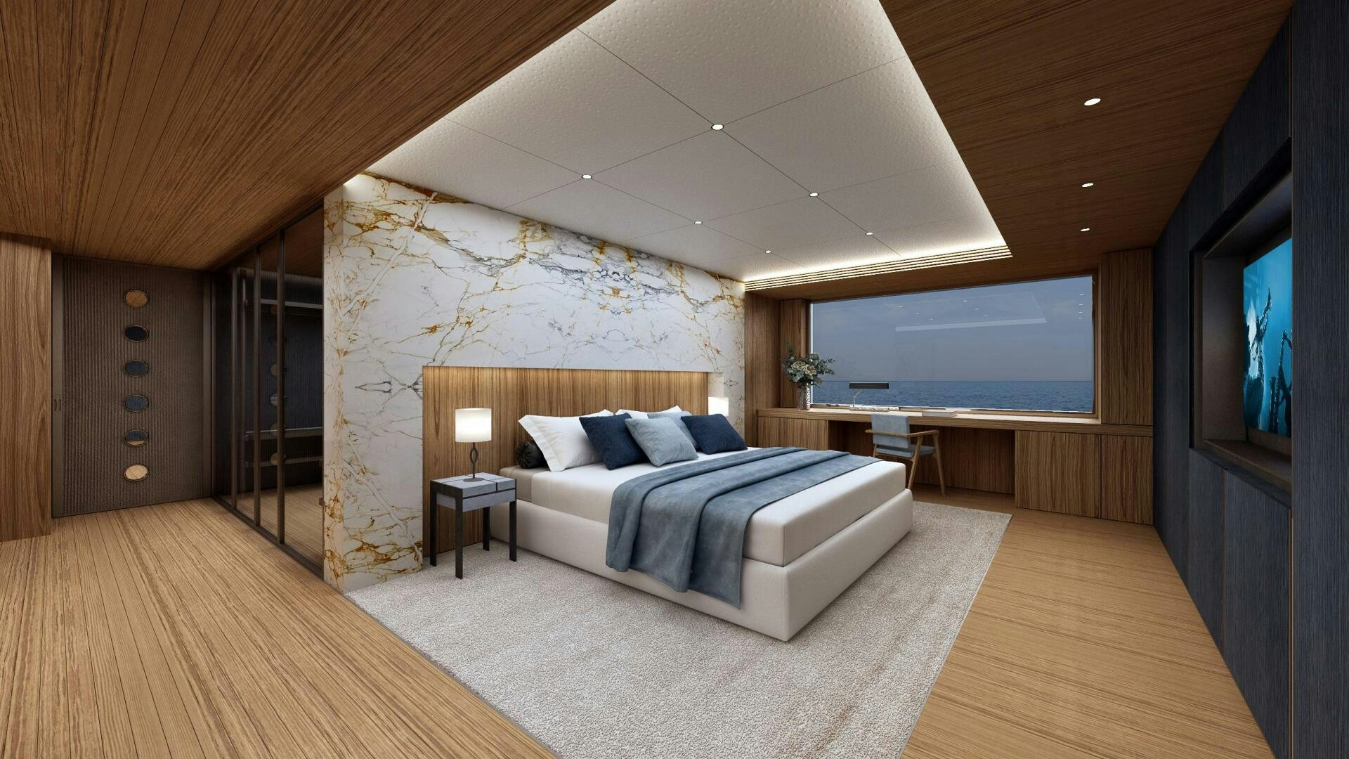 a bedroom with a large bed aboard DYNAMIQ GTT 170 Yacht for Sale