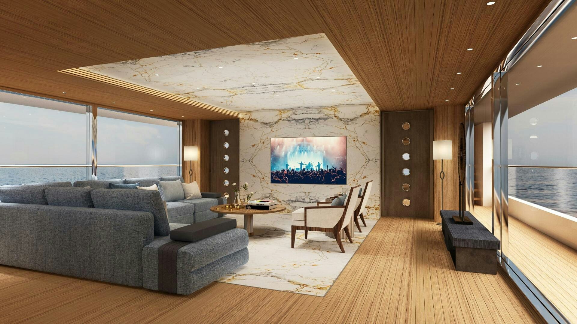 a living room with a large television aboard DYNAMIQ GTT 170 Yacht for Sale