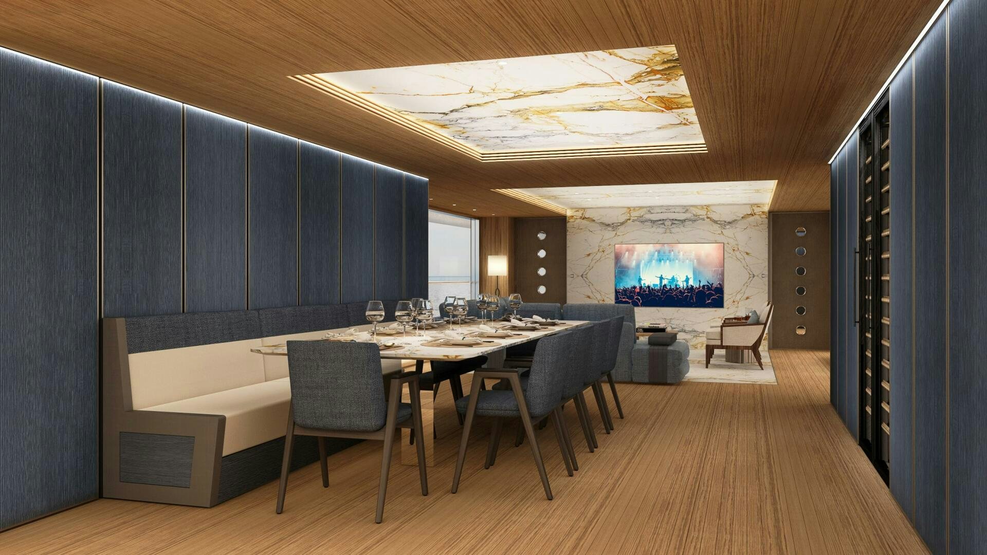 a room with a table and chairs aboard DYNAMIQ GTT 170 Yacht for Sale