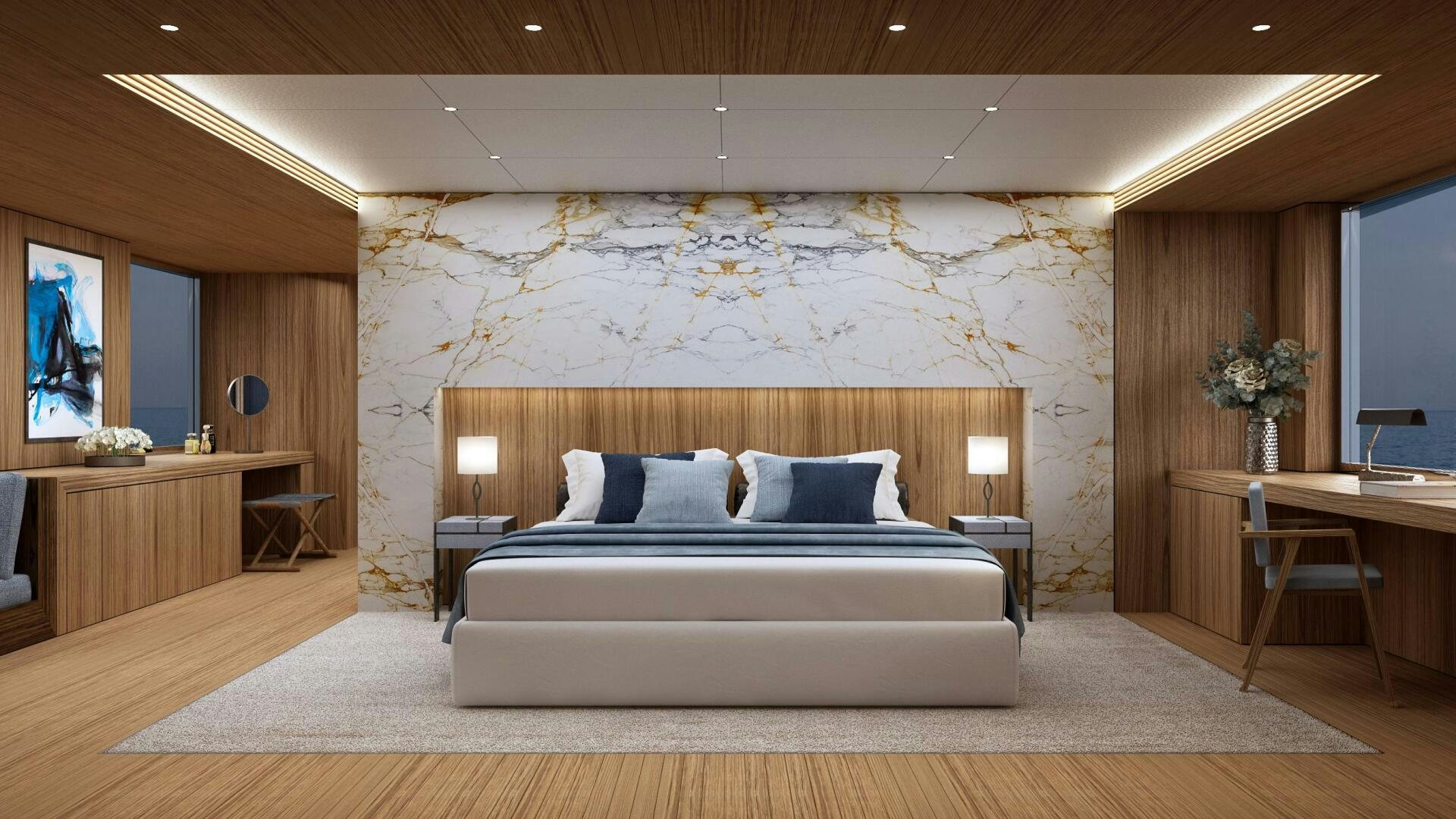 a large bed in a room aboard DYNAMIQ GTT 170 Yacht for Sale