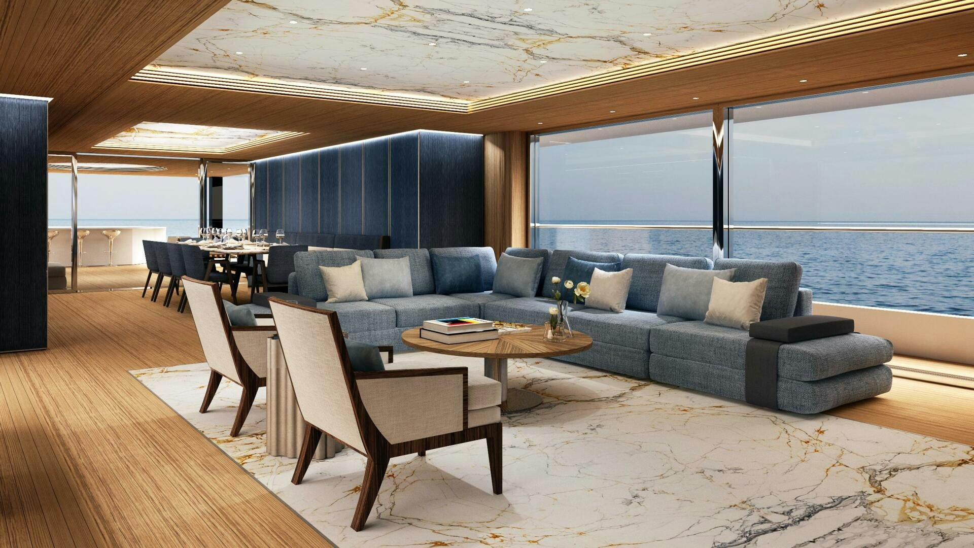 a living room with a large window aboard DYNAMIQ GTT 170 Yacht for Sale