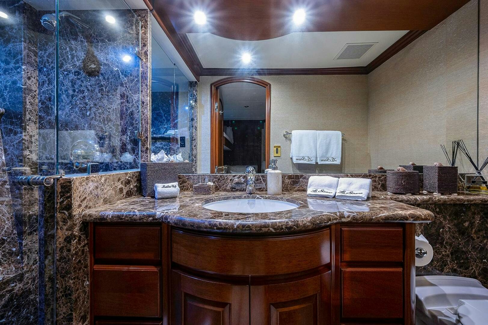 a bathroom with a large countertop aboard LA SIRENA Yacht for Sale