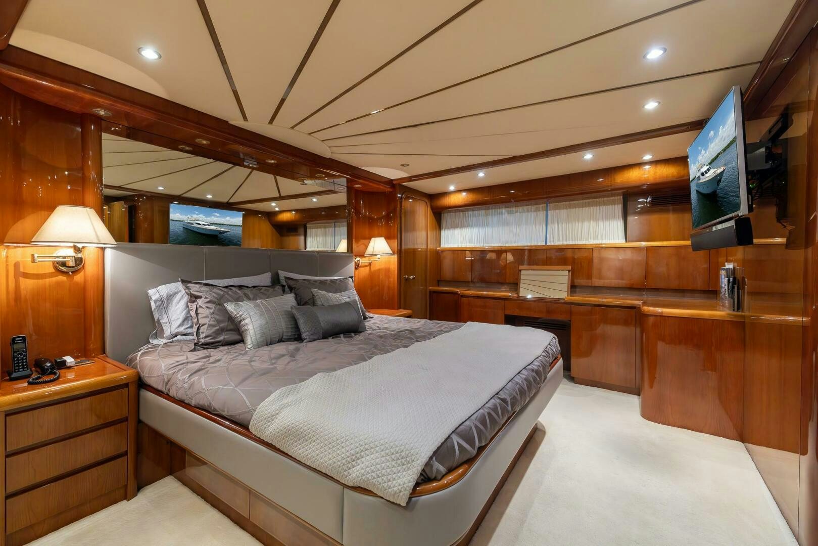 a bed in a room aboard ONE MORE TIME Yacht for Sale