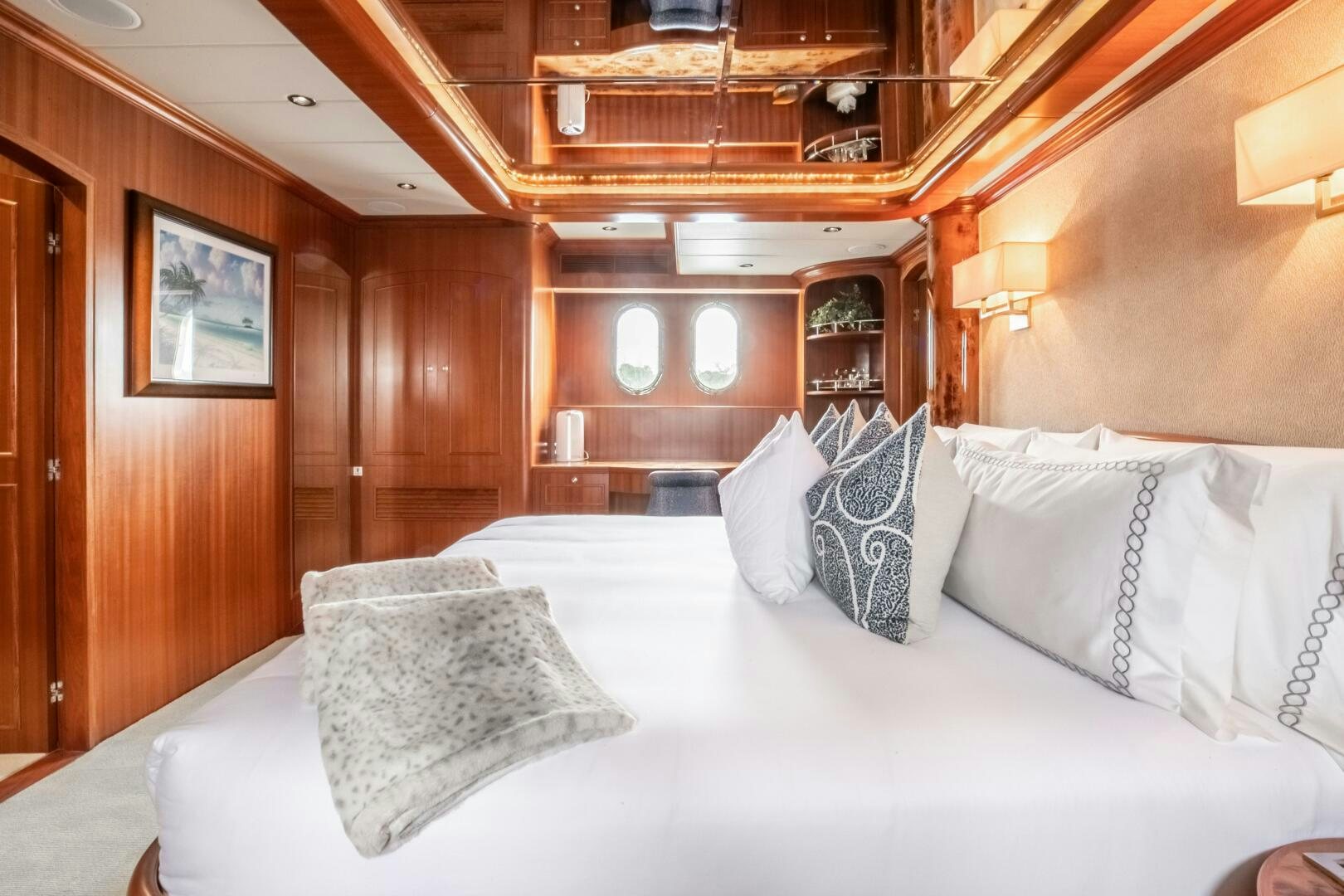 a bed with pillows on it aboard KENTUCKY BELLE Yacht for Sale