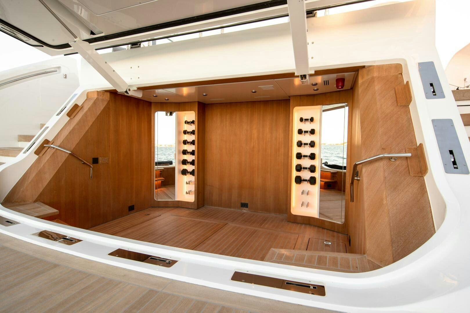 a room with a shower and sinks aboard OCEANIC 140 Yacht for Sale