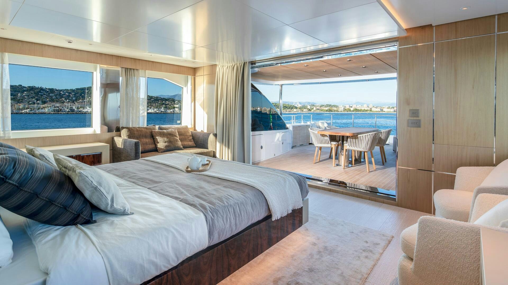 a large bed in a room aboard OCEANIC 140 Yacht for Sale