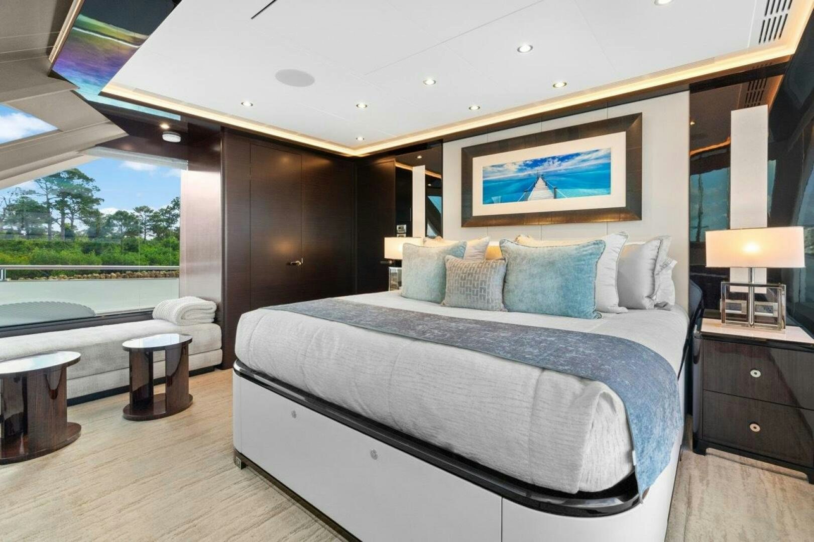 a bed in a room aboard LADY G Yacht for Sale