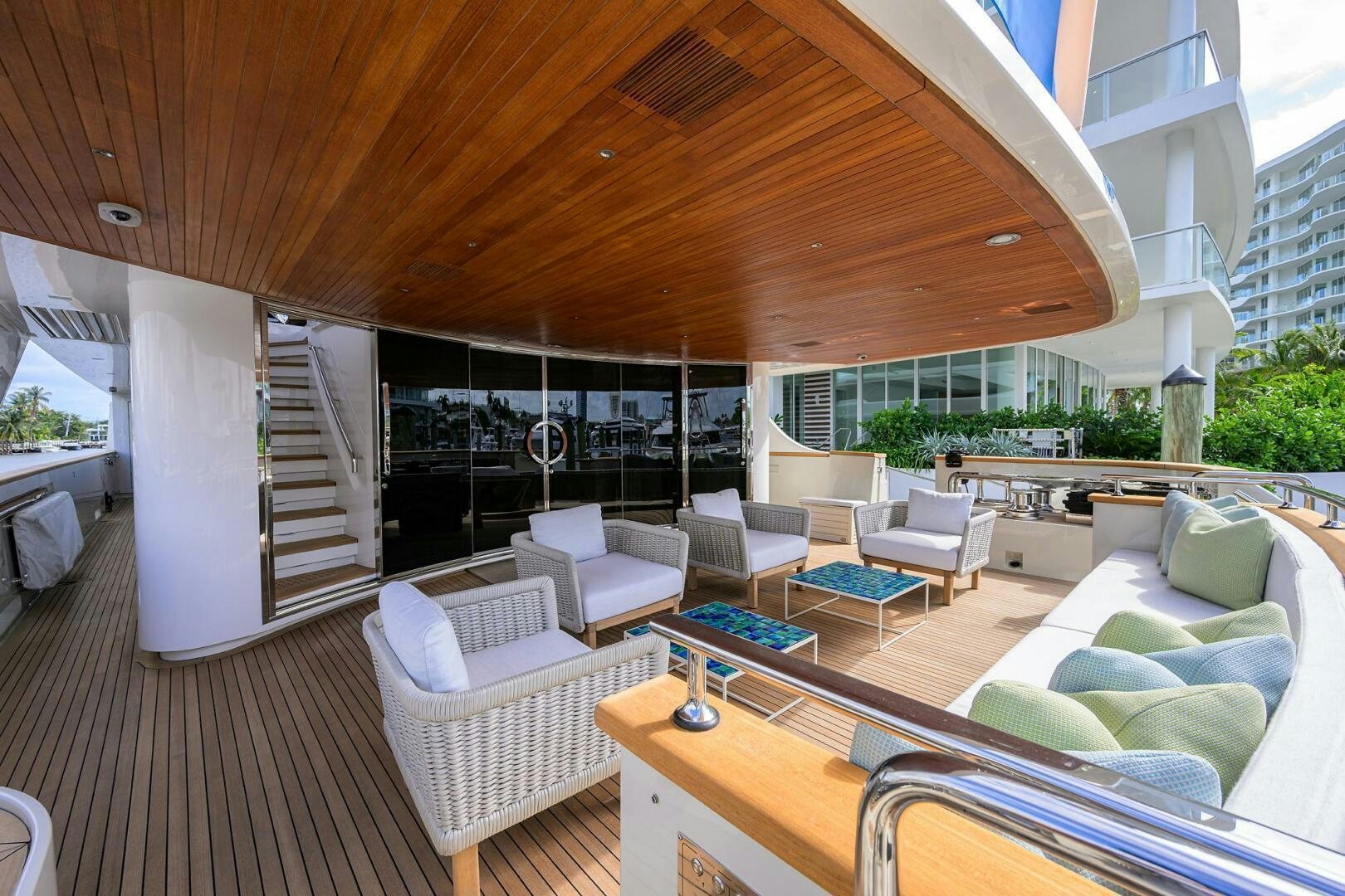 a living room with a large open roof aboard GLORY Yacht for Sale