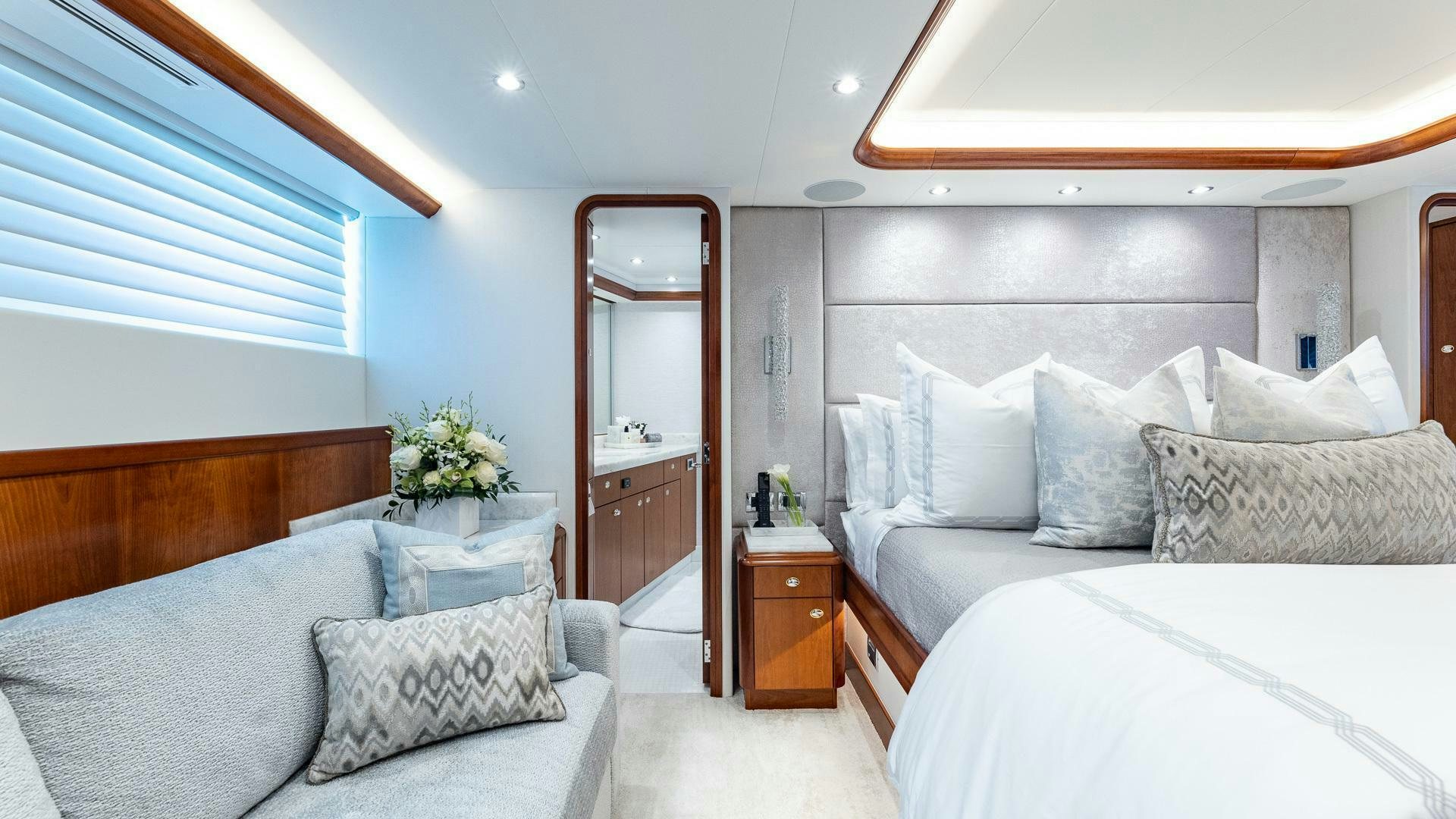 a room with two beds aboard NO SHORTCUTS Yacht for Sale