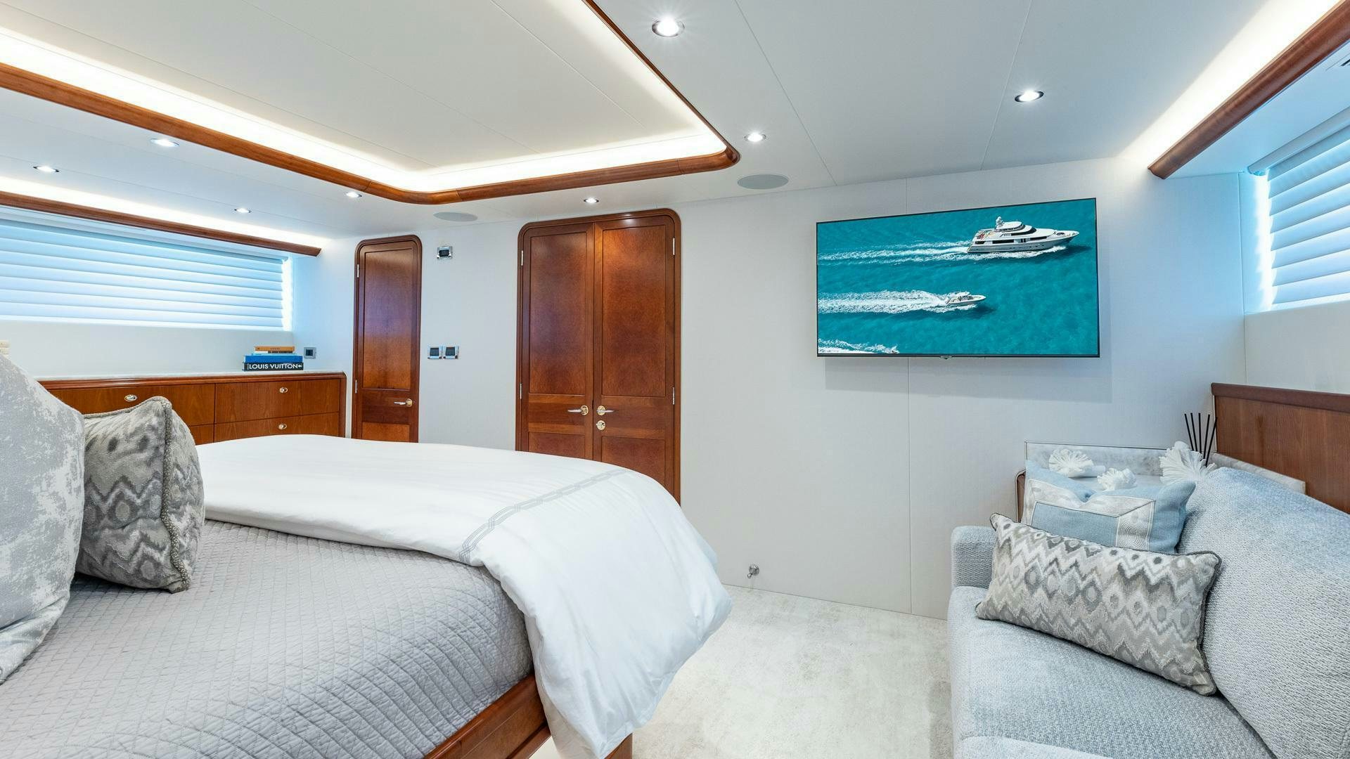 a room with two beds aboard NO SHORTCUTS Yacht for Sale