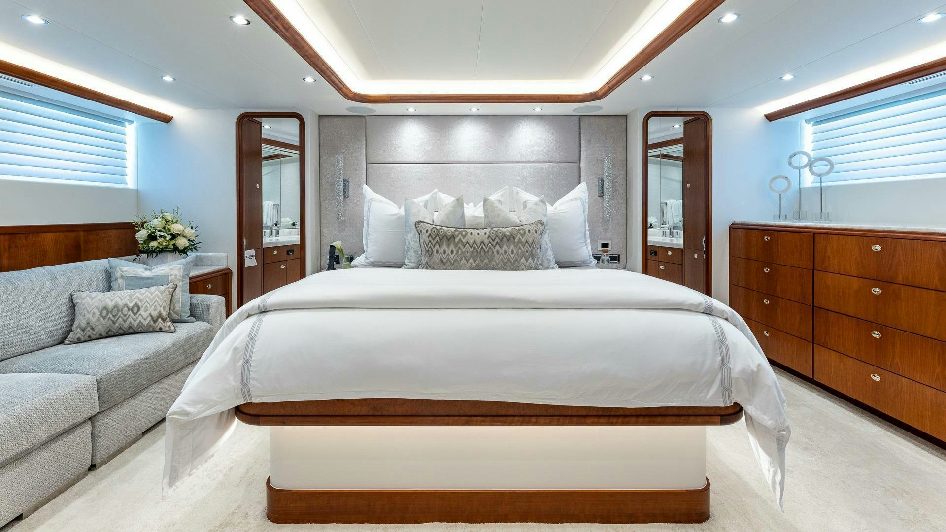 a bed in a room aboard NO SHORTCUTS Yacht for Sale