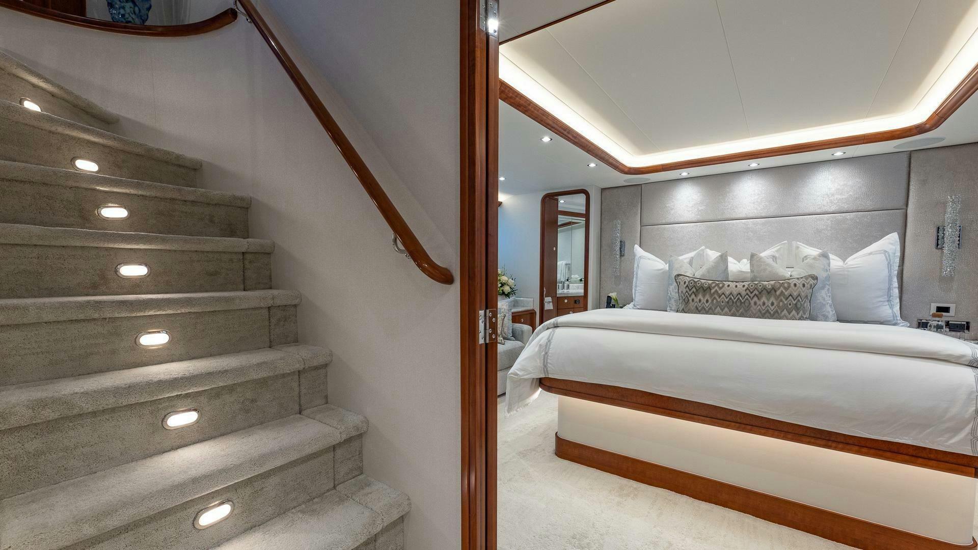 a bed with a wood frame aboard NO SHORTCUTS Yacht for Sale