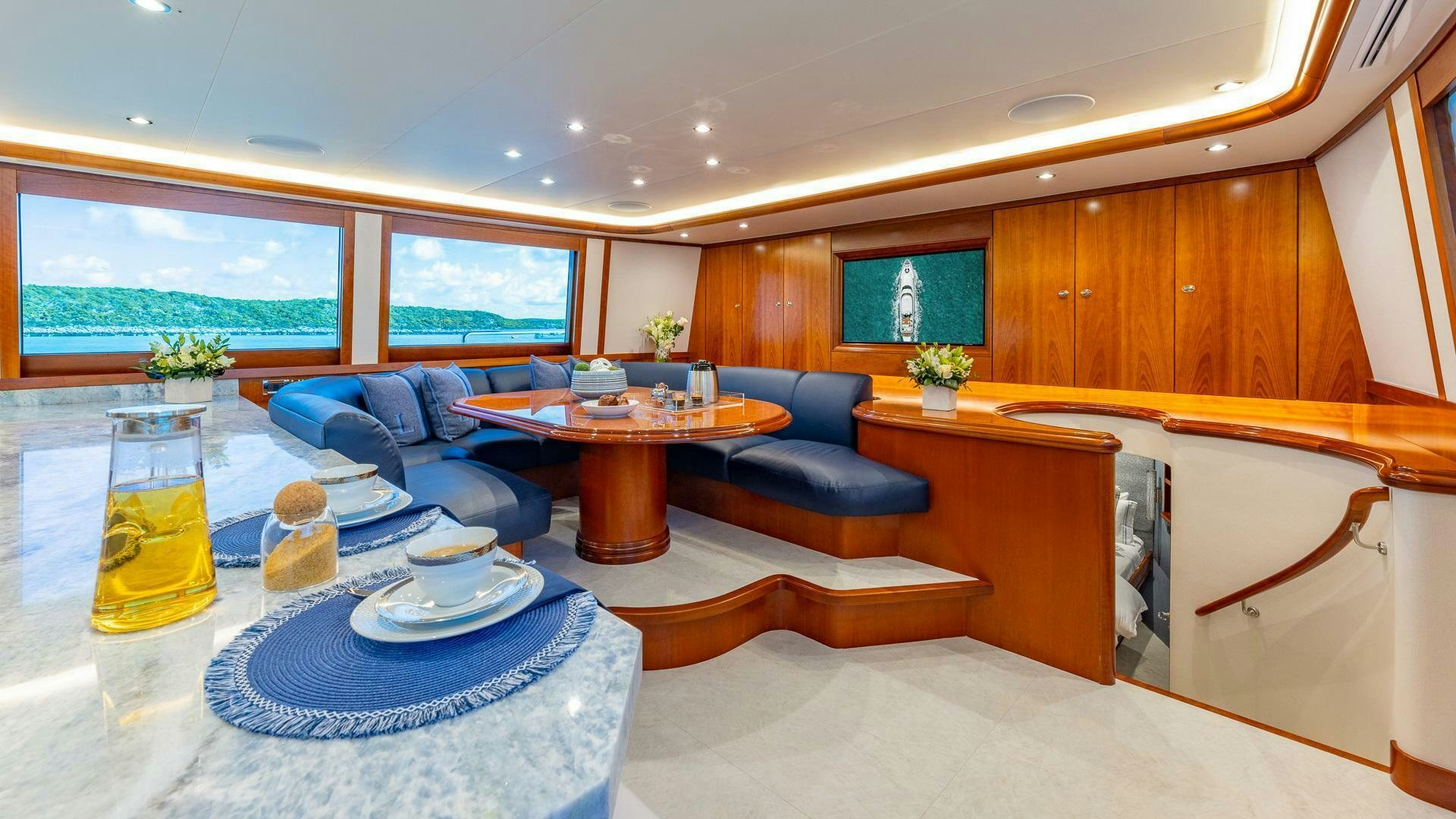a modern looking living room aboard NO SHORTCUTS Yacht for Sale
